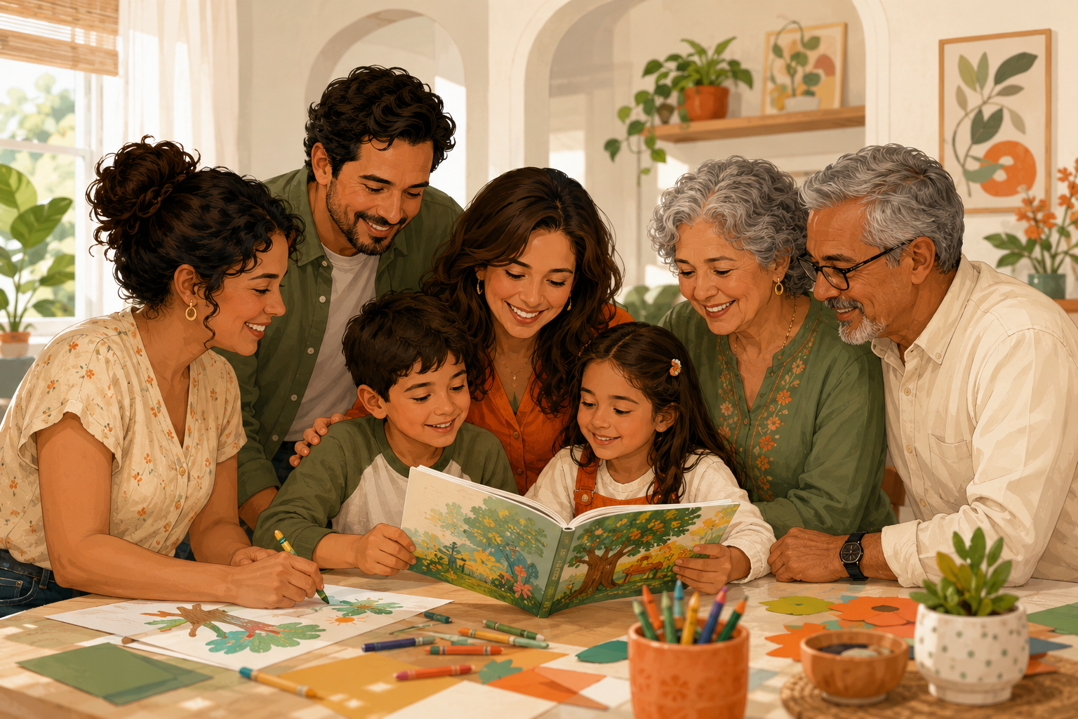 A multigenerational family reading and creating together